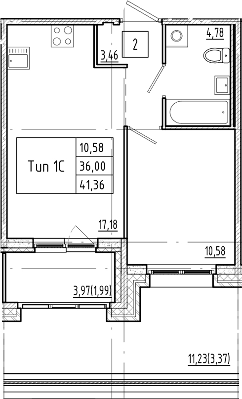 1-комнатная квартира 41.36 м², 2/4 эт., ЖК «Ranta Residence»